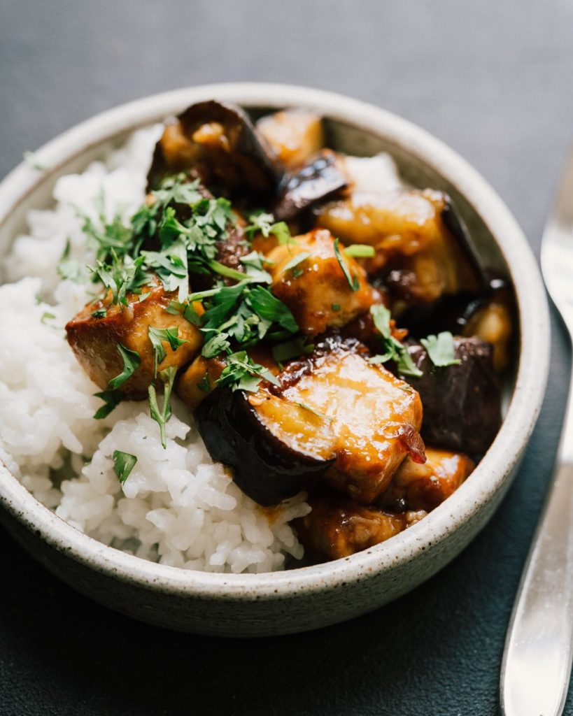 EGGPLANT + TOFU WITH SWEET-HOT CHILI GLAZE