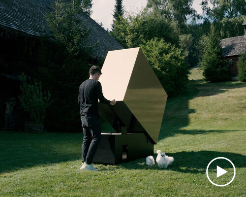 reflective gold facade wraps minimal geometric chicken coop for six fowls